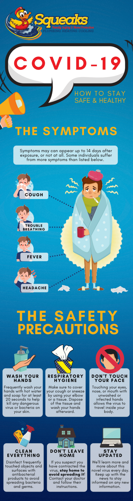 Infographic about COVID-19 showing symptoms (cough, runny nose, fever, headache) and safety precautions like handwashing, mask use, social distancing, and disinfecting surfaces.