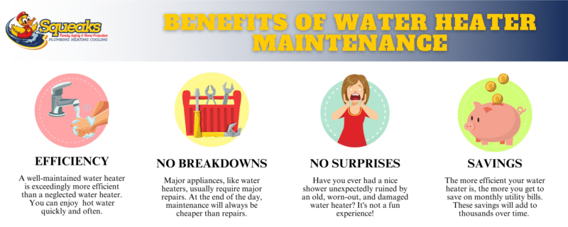 Infographic titled "Benefits of Water Heater Maintenance" with four illustrated sections: Efficiency, No Breakdowns, No Surprises, and Savings, each explaining advantages of regular maintenance.