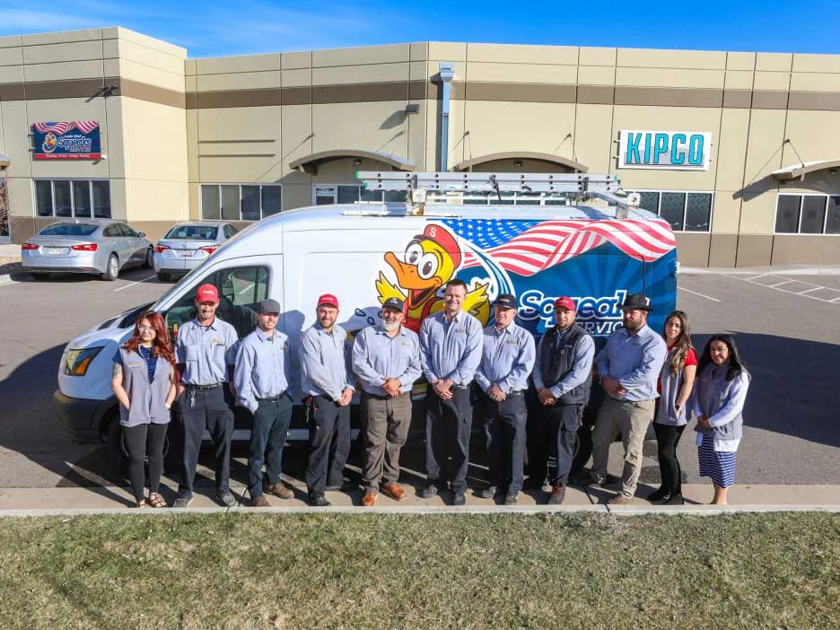 A group of eleven people in uniform stand in front of a van with a cartoon chicken logo and American flag, parked outside a commercial building.