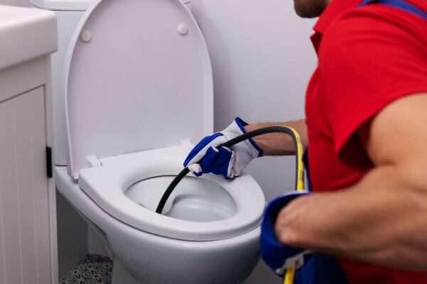 Person in gloves and uniform using a plumbing snake to unclog a toilet in a bathroom.