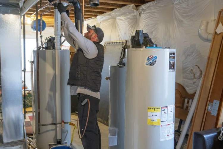 A technician in a vest and cap works on pipes connected to a water heater in a basement with exposed beams and plastic-covered walls.
