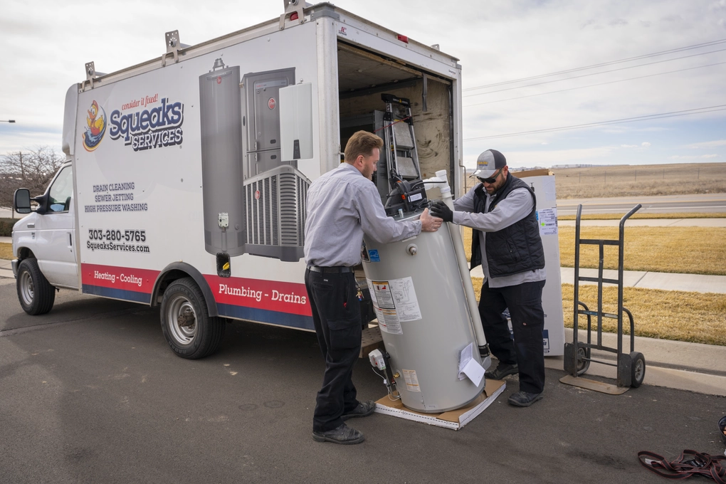 Two workers unload a water heater from a service truck labeled "Squeaks Services" on a suburban street. Tools and HVAC units are visible in the truck.