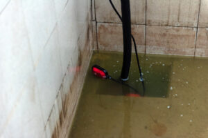 Undersized sump pump working hard to drain water in flooded basement.