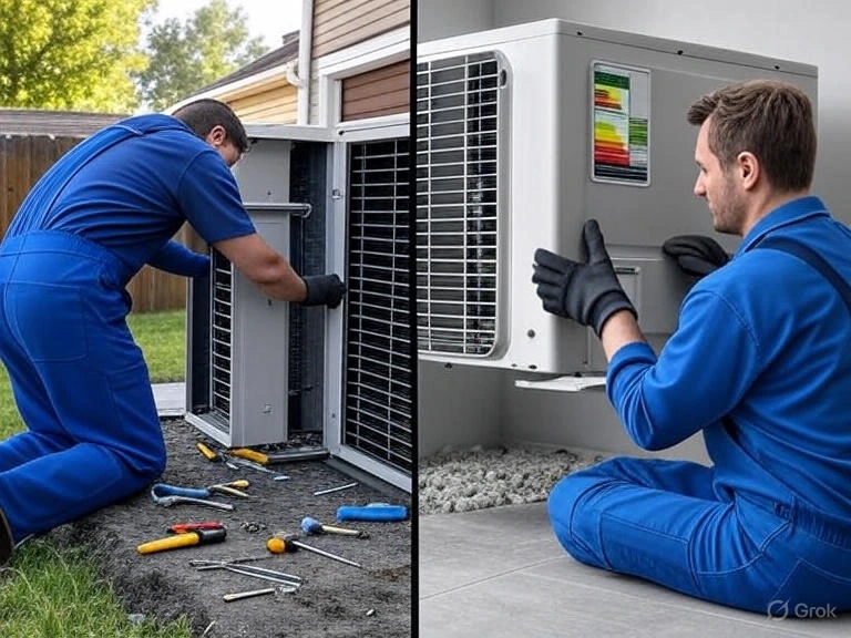 hvac technician repairing an ac unit on the left and replacing ac unit of the right
