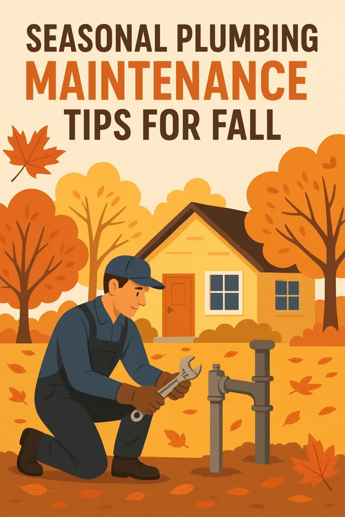 Graphic of a plumber working on an outside faucet with fall weather
