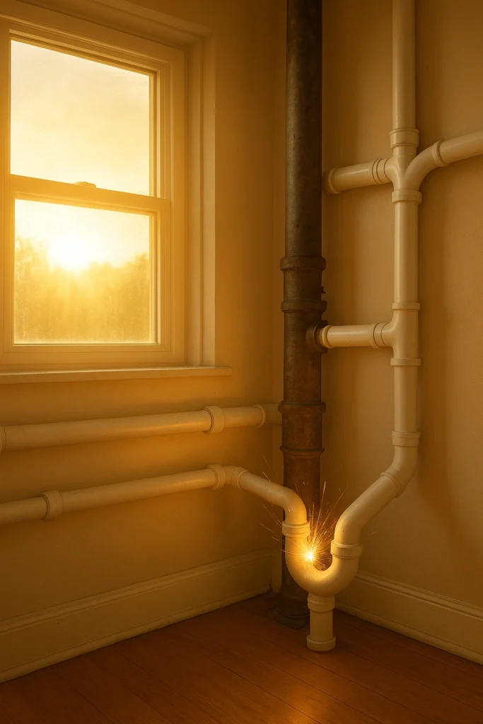 exposed indoor plumbing with fall sunset coming through the window